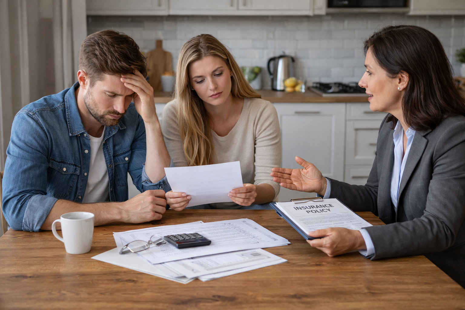 Homeowners reviewing insurance policy with agent to determine sewer line replacement coverage
