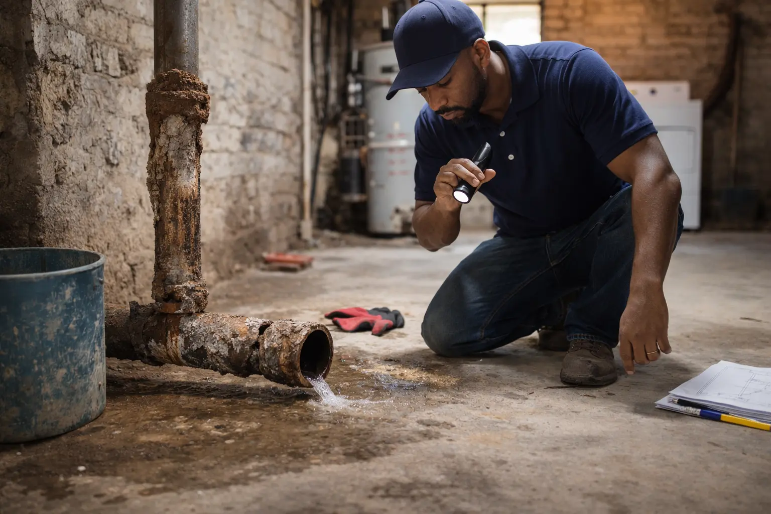 Technician inspecting a leaking and corroded sewer pipe in a basement while investigating signs of sewer line failure.