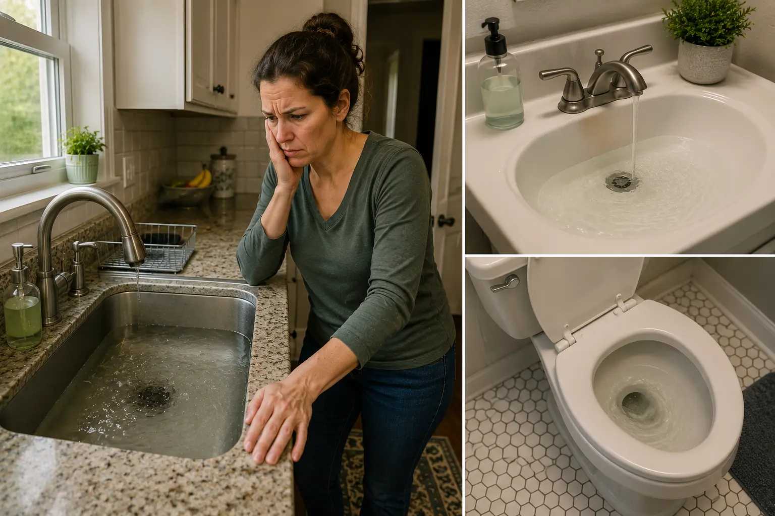 Multiple slow-draining plumbing fixtures in a Chicago home, including a kitchen sink, bathroom sink, and toilet, indicating a potential main sewer line blockage or developing sewer problem.