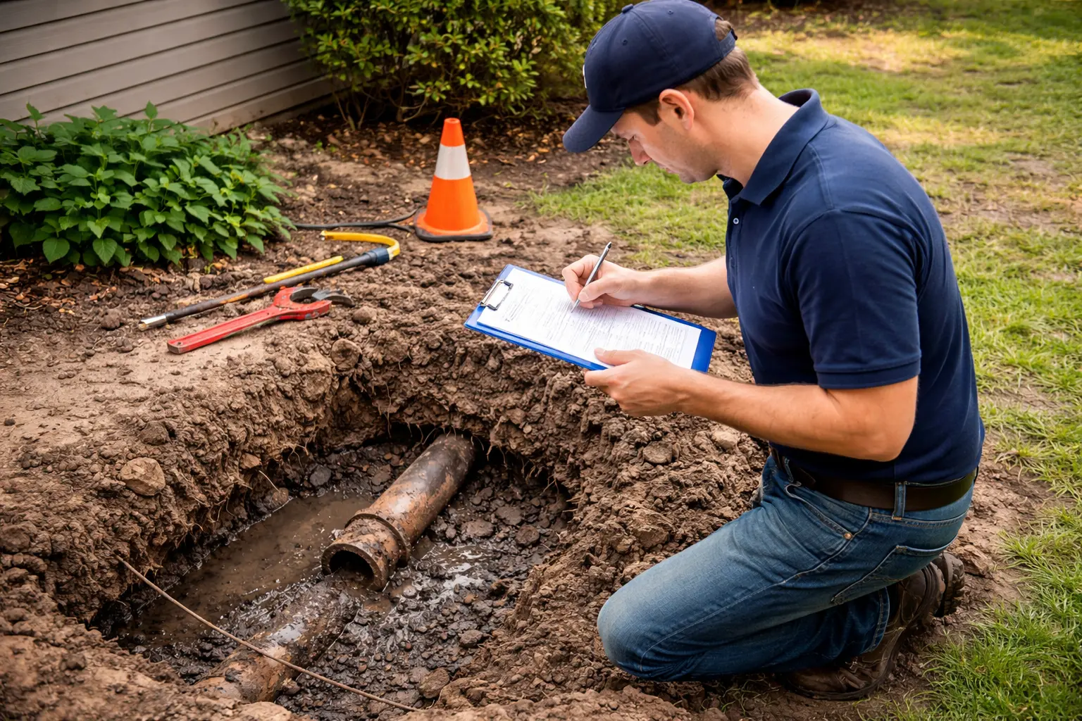Technician inspecting an exposed sewer line and documenting damage before a residential sewer replacement project.