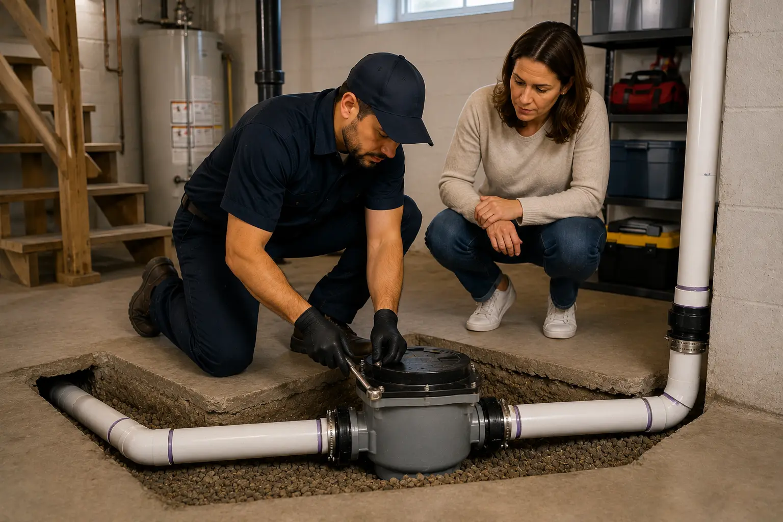 Technician installing a backwater valve within a residential sewer line beneath a basement floor while a homeowner observes the work.
