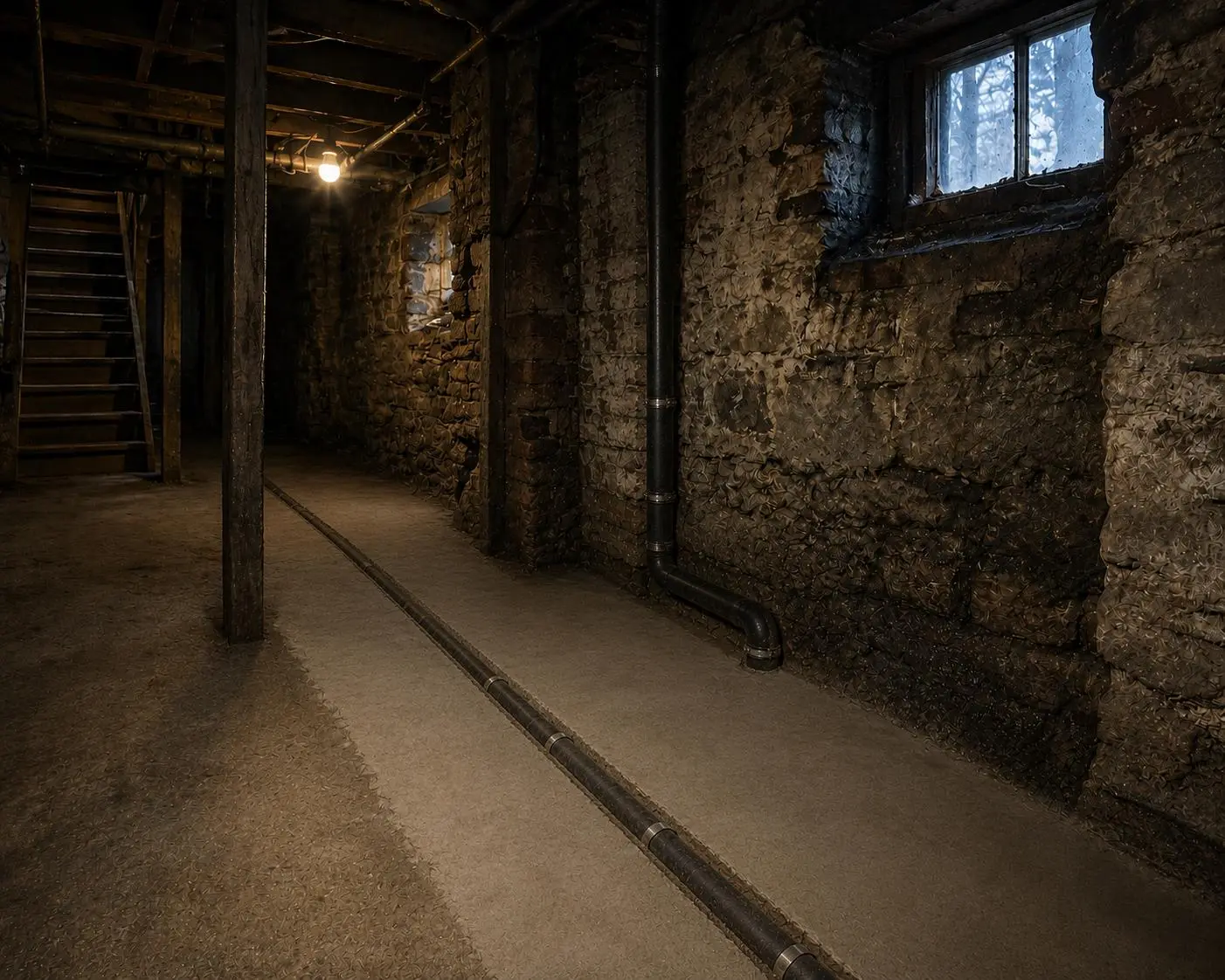 Unfinished basement in an older home showing exposed sewer piping and underground utility access.