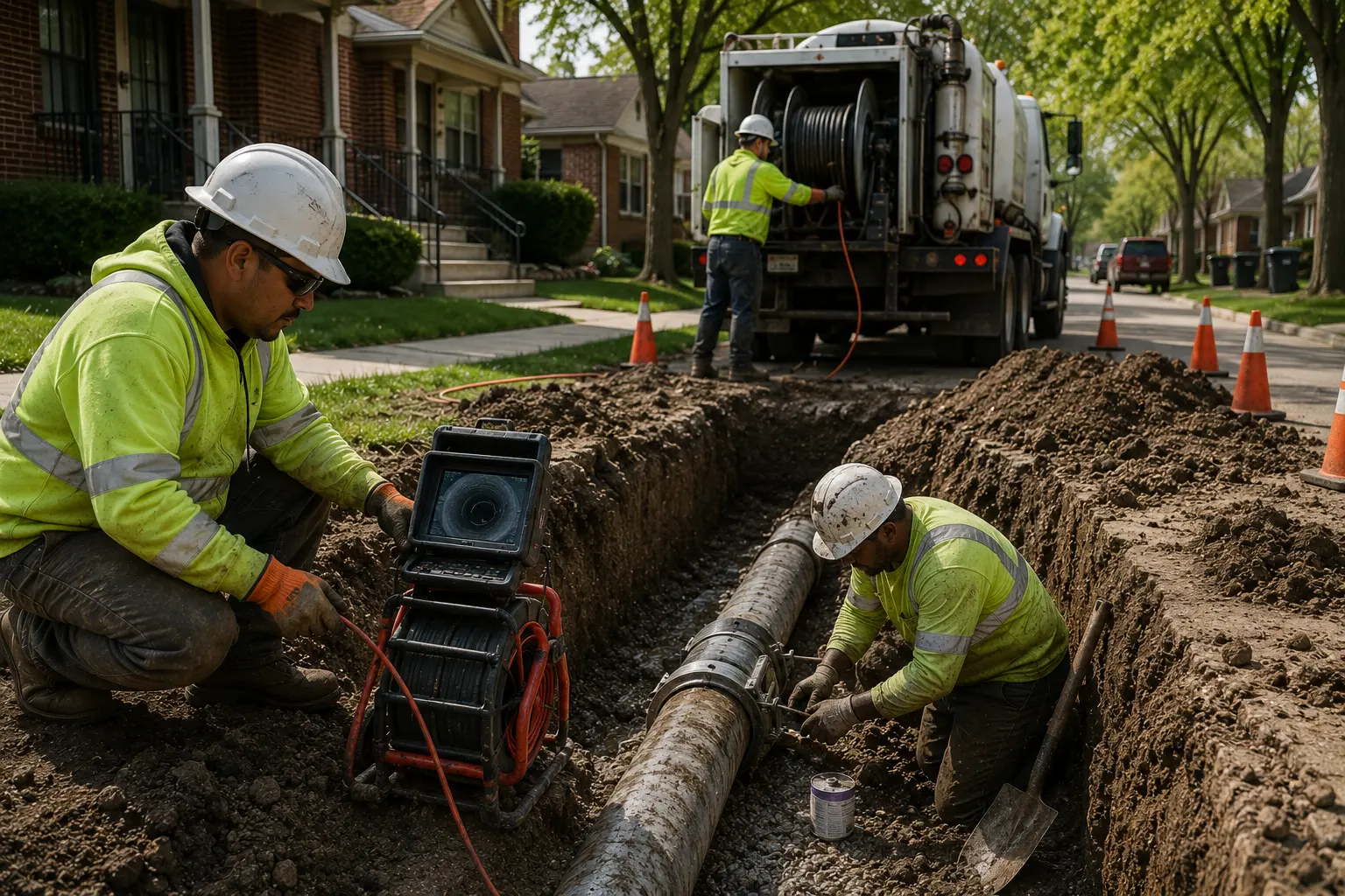 Professional sewer repair crew performing an active sewer line repair with camera inspection equipment and excavation machinery in a residential Chicago neighborhood.