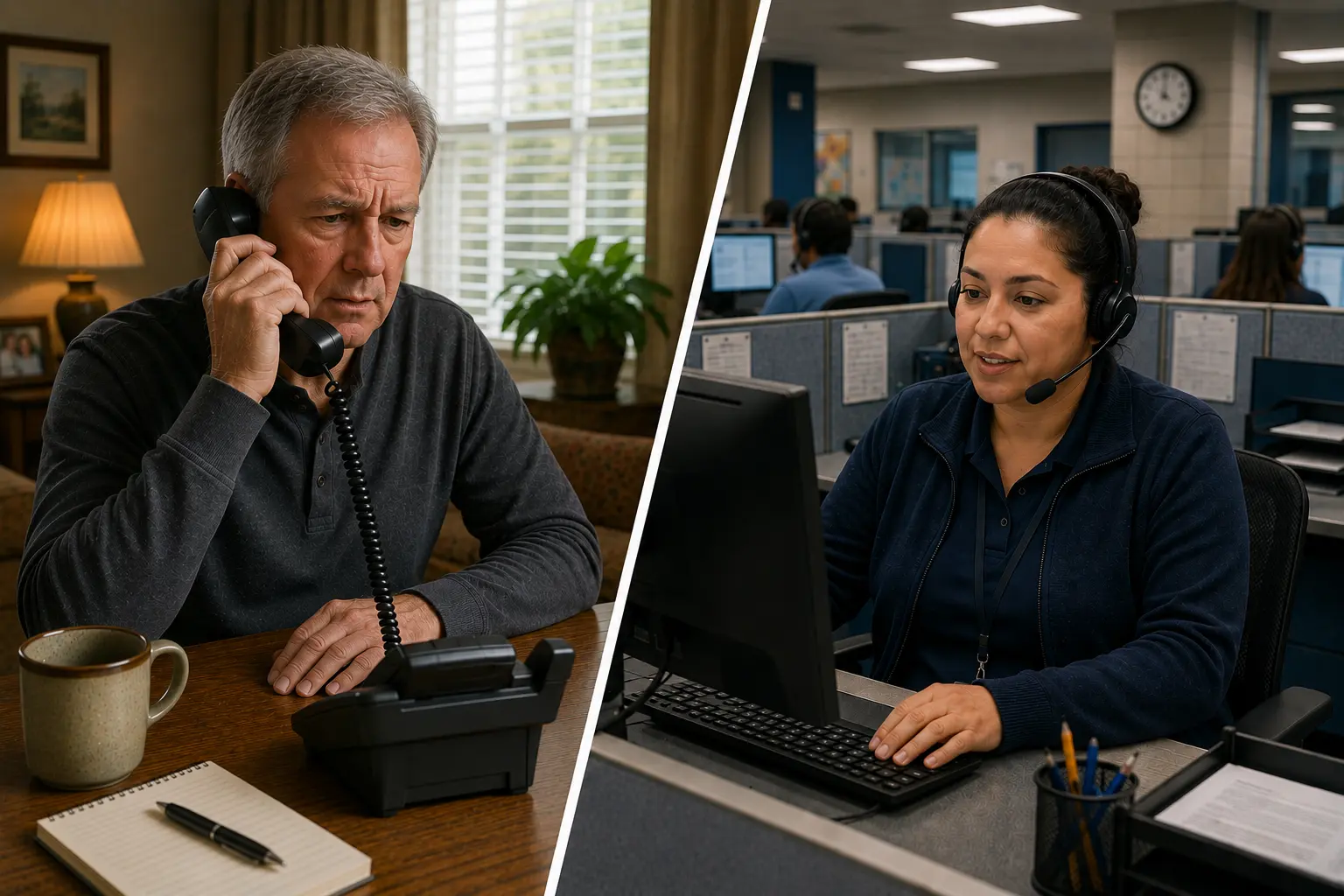 Chicago homeowner reports a sewer backup by phone while a municipal service representative answers the call at a city customer service center.