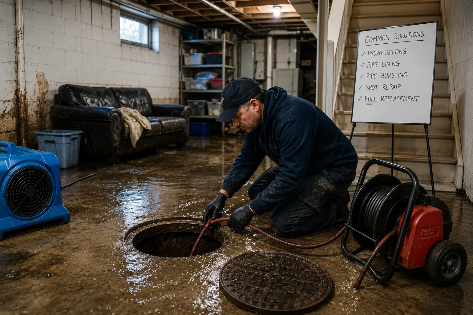 Technician performing sewer backup repair work in a flooded Chicago basement using drain cleaning equipment during the restoration process after a sewer backup.