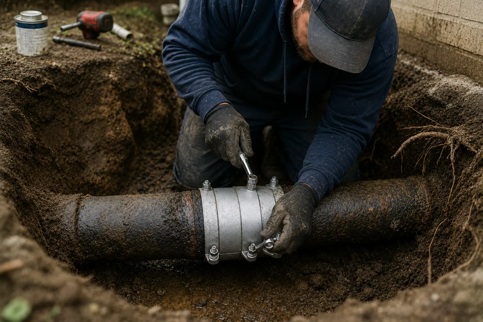 Technician repairing a corroded cast iron sewer pipe in a residential excavation trench using a repair clamp to restore a damaged section of pipe.