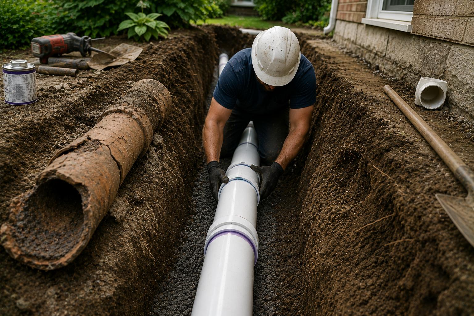 Contractor replacing a damaged clay sewer pipe with new PVC sewer piping in a residential excavation trench beside a Chicago-area home.