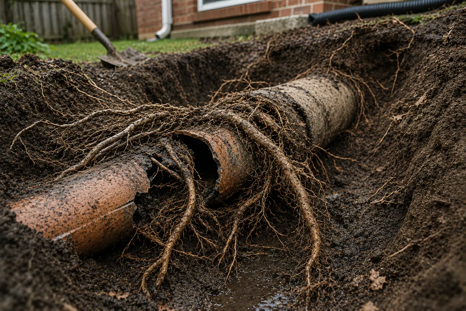 Exposed broken clay sewer pipe surrounded by invasive tree roots in a residential yard, showing a common cause of sewer line failure in older Chicago homes.