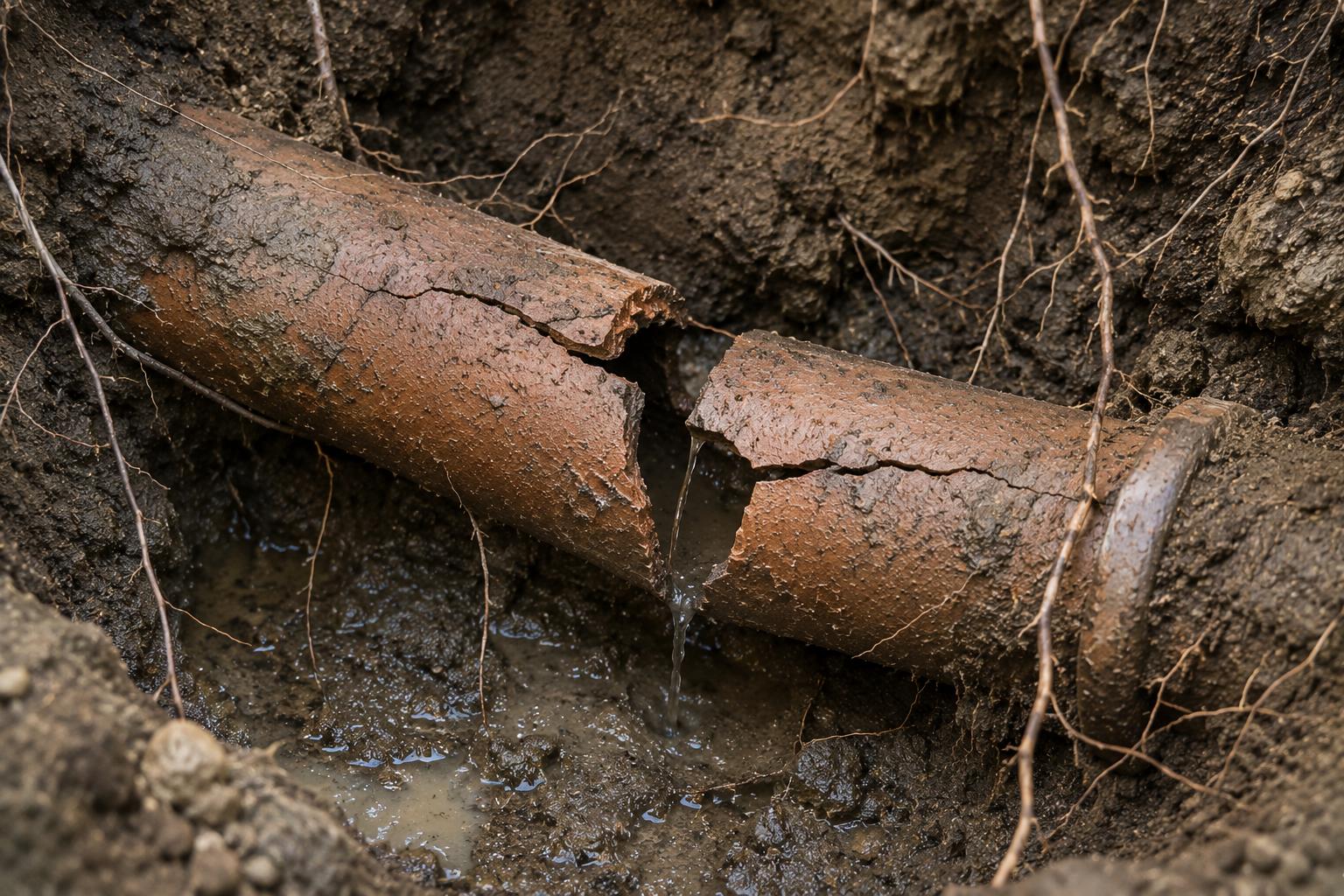 Cracked clay sewer pipe exposed during excavation with wastewater leaking into surrounding soil, illustrating a common sewer line failure found in older Chicago residential properties.
