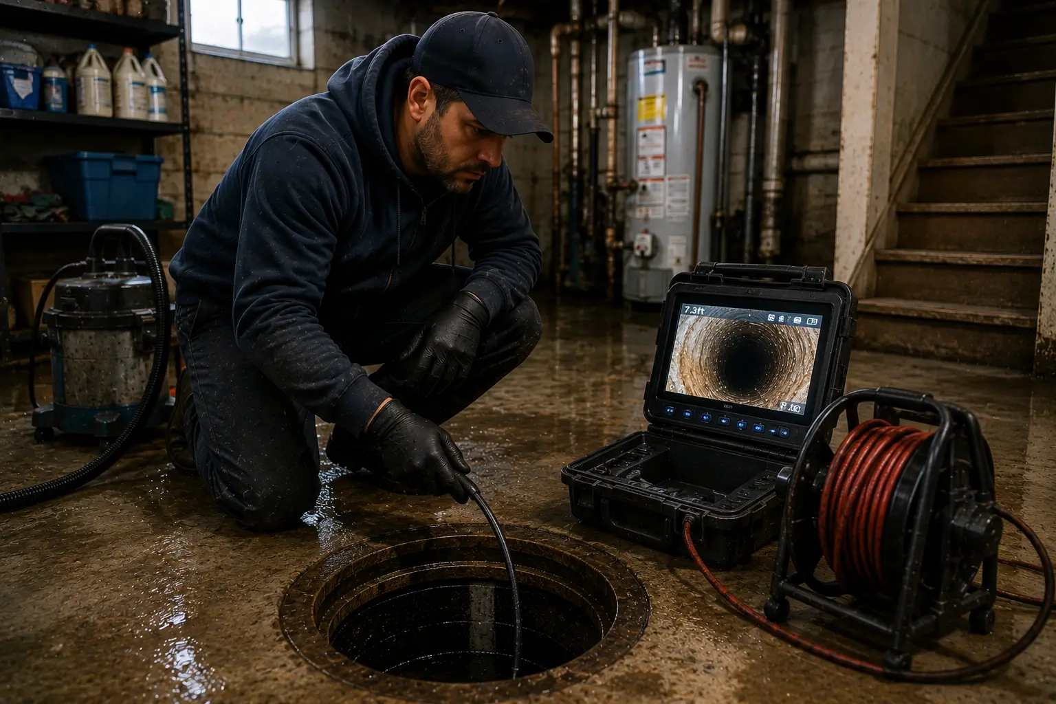 Technician performing an emergency sewer camera inspection in a flooded Chicago basement using diagnostic equipment to identify the cause of a sewer backup.