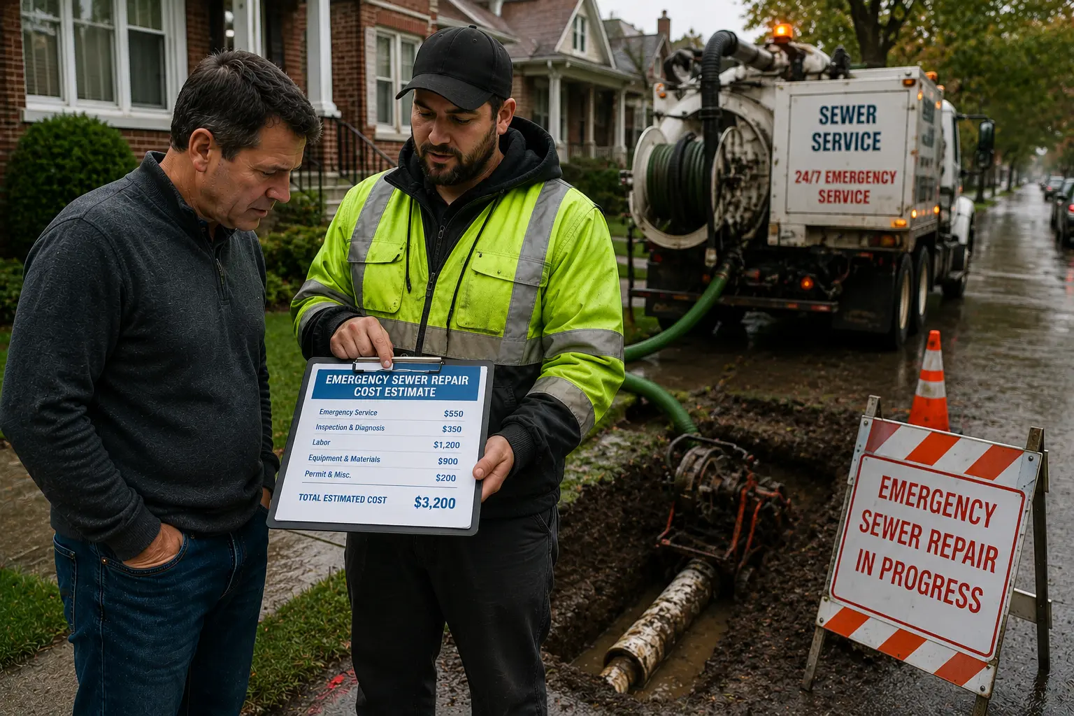 Chicago homeowner reviewing an emergency sewer repair estimate with a contractor beside an active sewer excavation and emergency response vehicle on a residential street