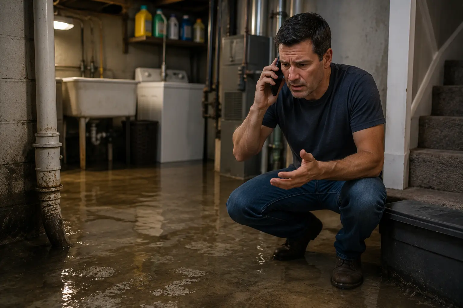 Chicago homeowner standing in a flooded basement while making an emergency phone call about a sewer backup and water damage repair.
