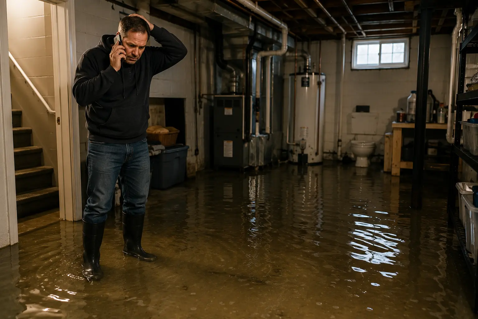 Chicago homeowner standing in a flooded basement while making an emergency phone call, illustrating a serious sewer backup requiring immediate repair and professional assistance.