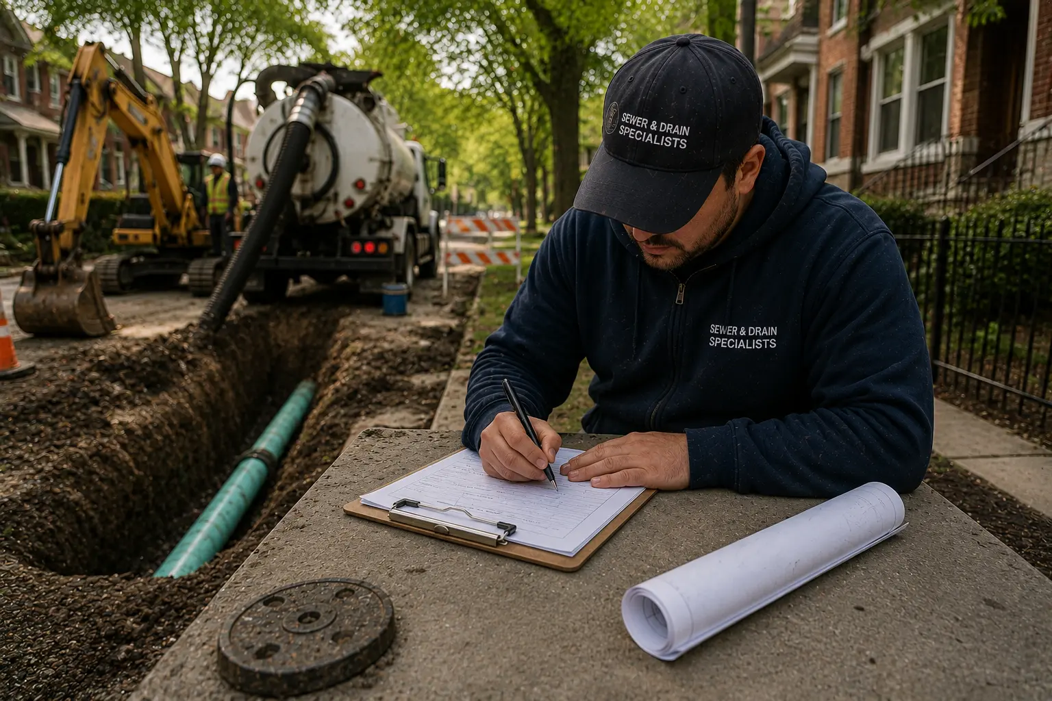 Contractor reviewing permit paperwork at an active sewer repair excavation site in a Chicago residential neighborhood while emergency sewer line work is underway.