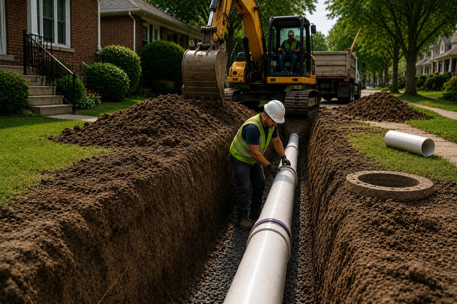 Construction worker installing a new sewer line inside a full-length residential excavation trench during a complete sewer line replacement project in a Chicago neighborhood.