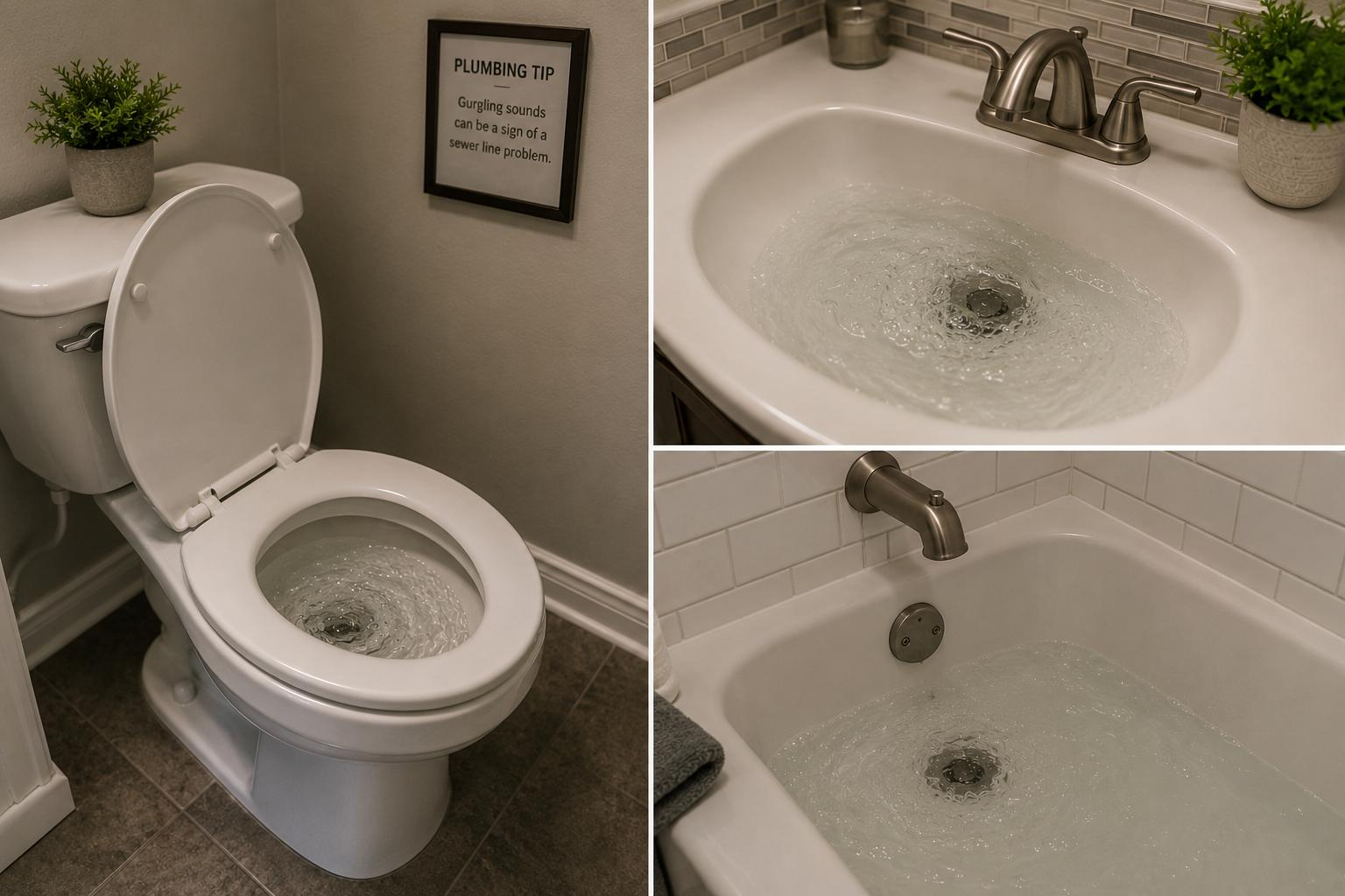 Toilet, sink, and bathtub drains showing unusual bubbling and water movement, common signs of a sewer line blockage, venting problem, or developing drainage issue in a Chicago home.