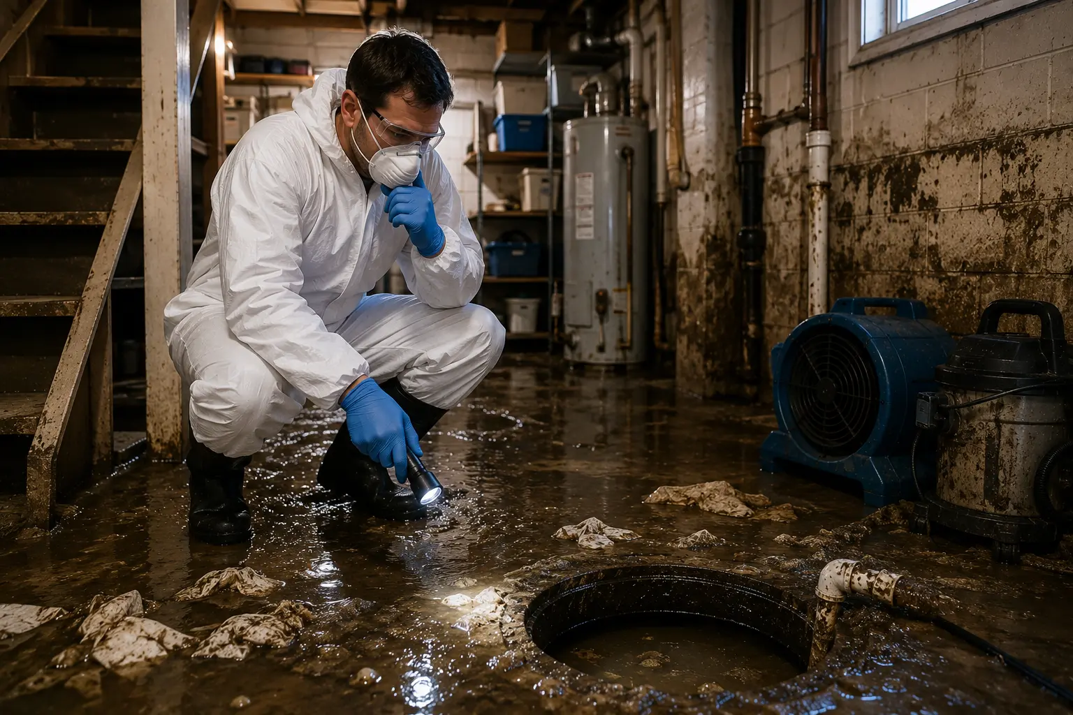 Restoration worker wearing protective clothing and a respirator inspecting contaminated floodwater in a Chicago basement after a sewer backup, highlighting potential health and sanitation hazards.