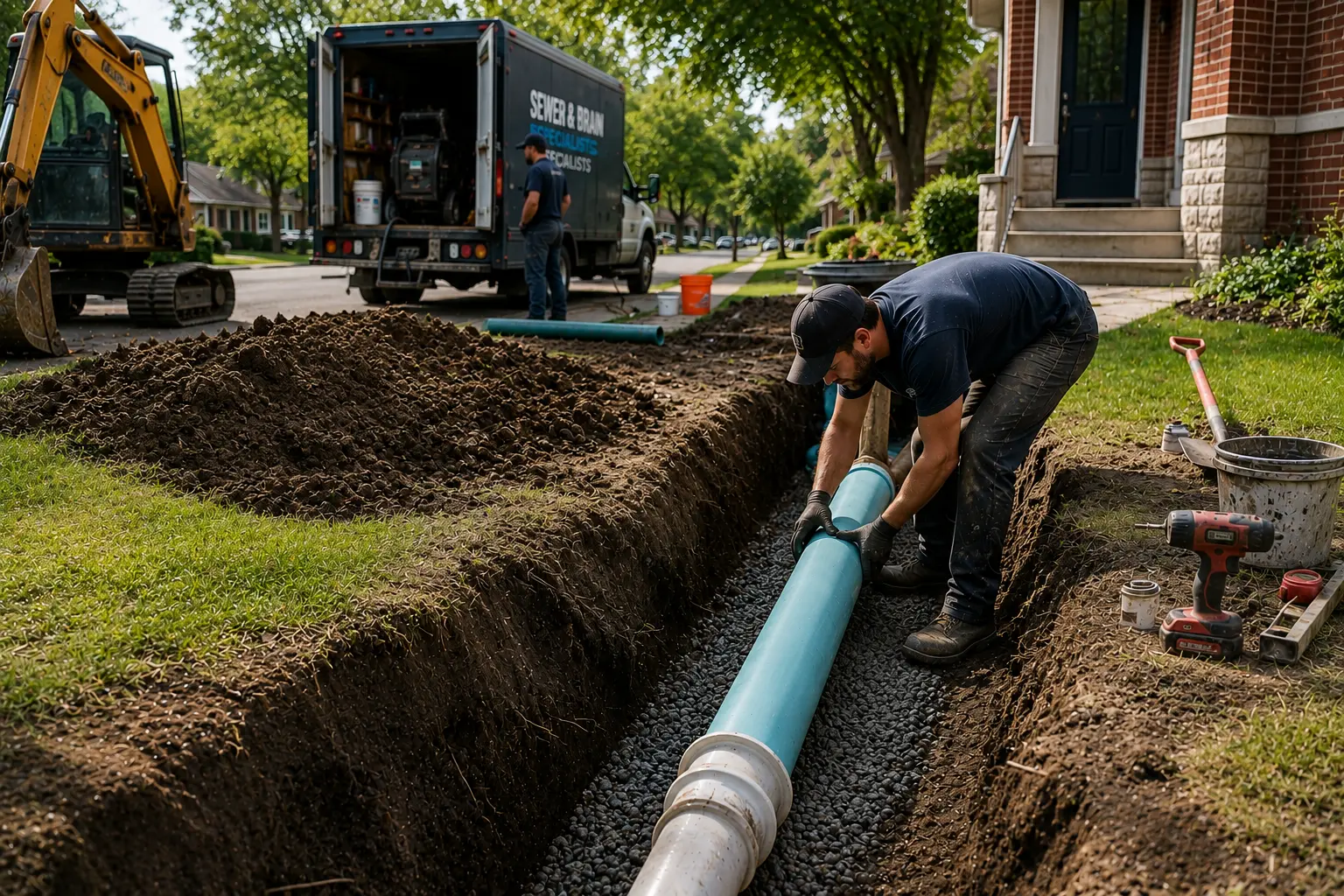 Crew member installing a new sewer pipe in a residential excavation trench outside a Chicago-area home during an active sewer line replacement project.