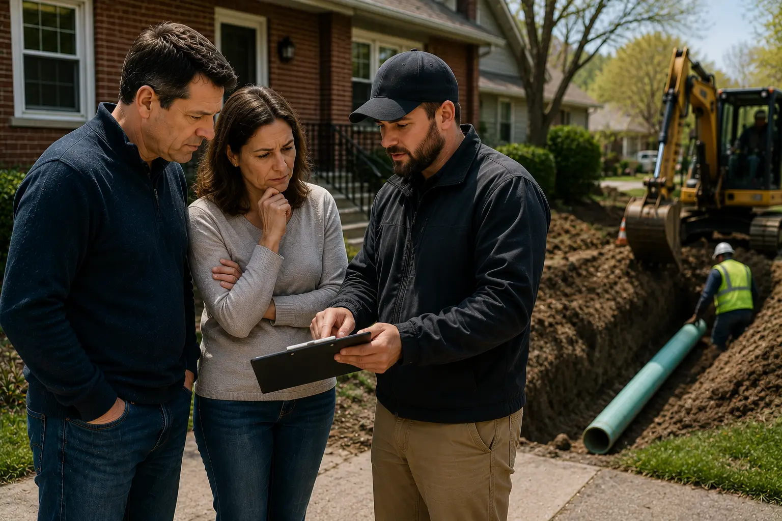 Chicago homeowners reviewing sewer line replacement costs and payment options with a contractor beside an active residential sewer replacement project.