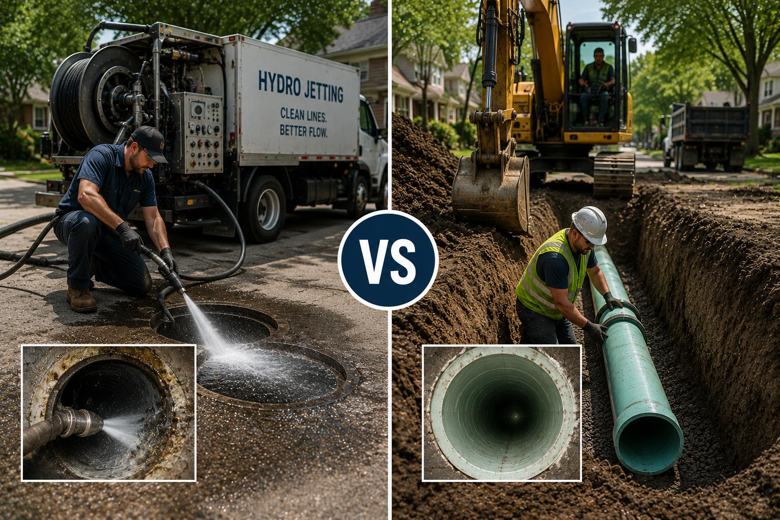 Hydro jetting service being performed through a sewer access point alongside a separate sewer line replacement project, illustrating the difference between pipe cleaning and full sewer line replacement.