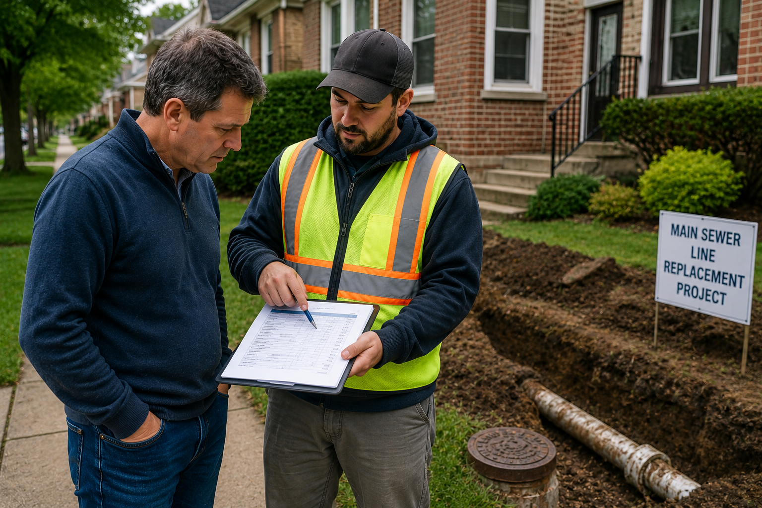 Chicago homeowner reviewing a main sewer line replacement estimate with a contractor beside an exposed pipe and residential sewer worksite.