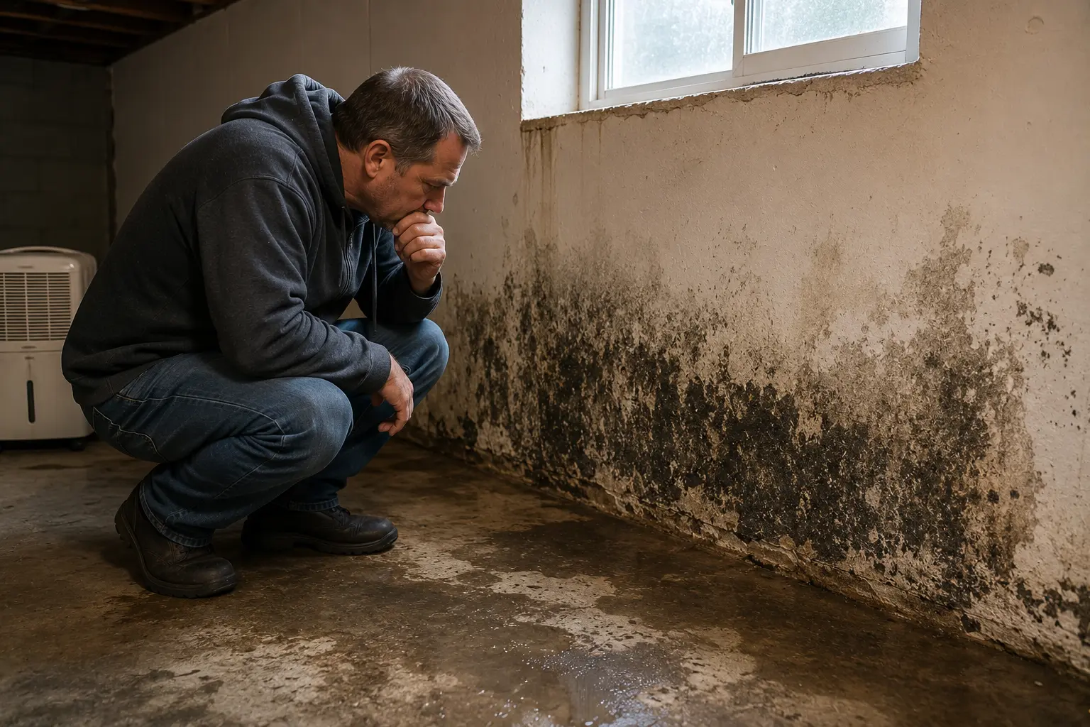 Chicago homeowner inspecting mold growth and water damage along a basement wall after a sewer backup, highlighting potential health risks and moisture problems that can develop after flooding.