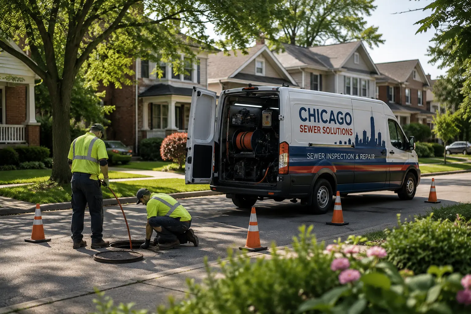 Chicago sewer service van and utility workers performing residential sewer inspection work in a suburban neighborhood with local homes and street infrastructure visible.