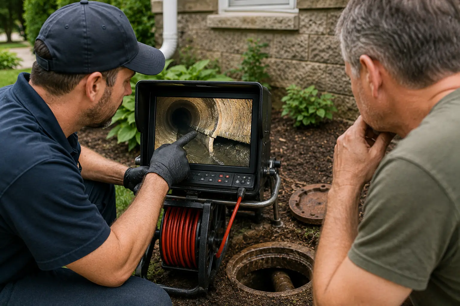 Sewer inspection technician reviewing camera footage with a homeowner beside a residential cleanout, identifying an offset sewer pipe joint discovered during a sewer line inspection.