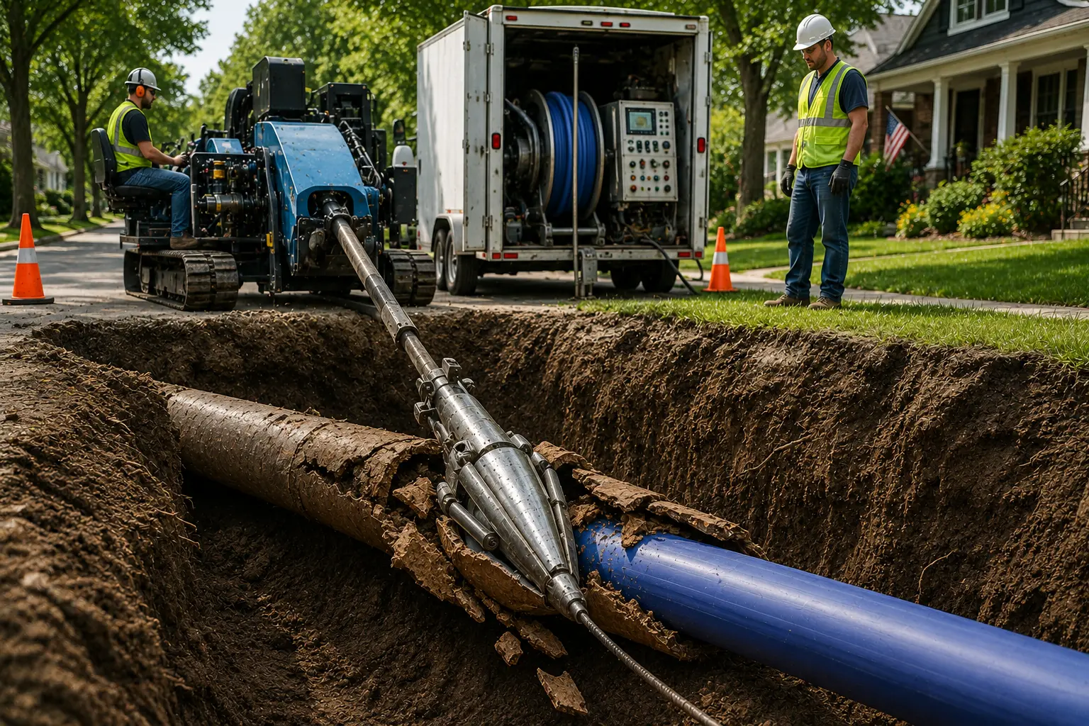 Pipe bursting equipment pulling a new sewer pipe through an existing damaged sewer line during a trenchless sewer replacement project in a residential Chicago neighborhood.