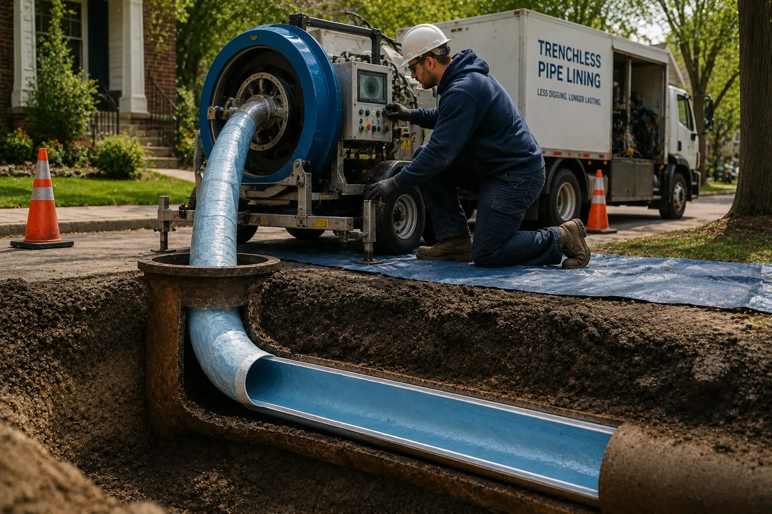 Technician operating pipe lining equipment during a trenchless sewer repair project in a Chicago residential neighborhood, with a liner being inserted into an existing sewer pipe.