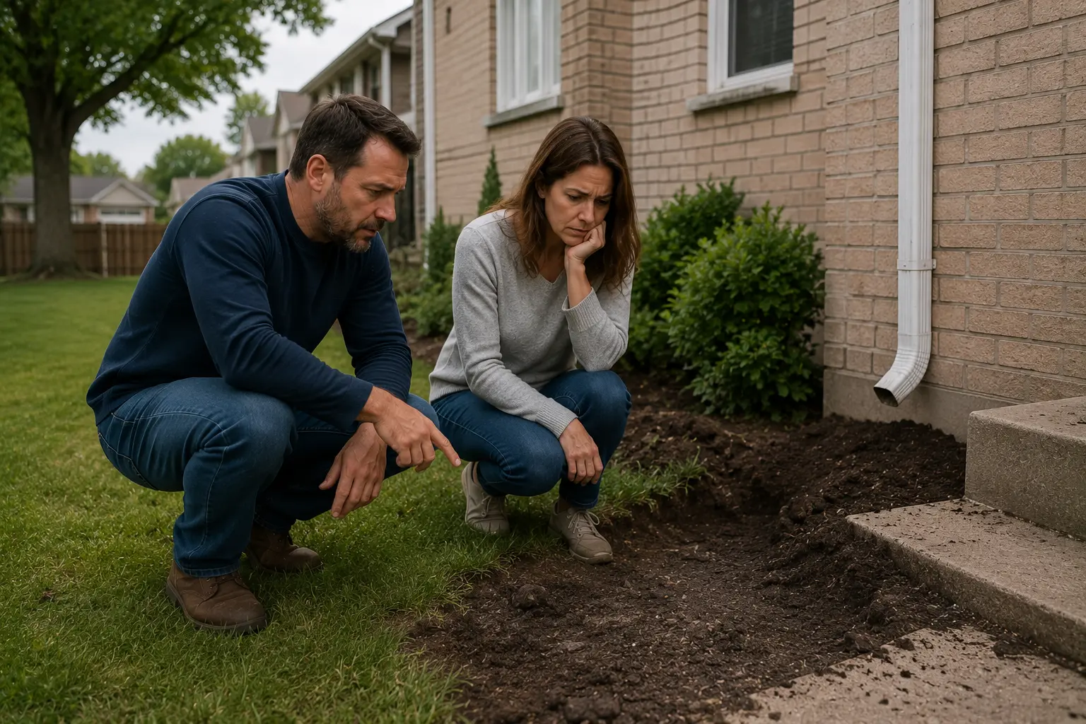 Chicago homeowners inspecting settling soil and yard conditions after a residential sewer line repair project beside their suburban home.
