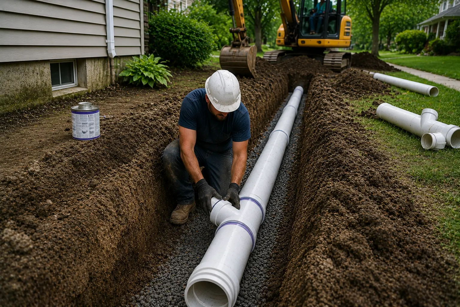 Contractor installing a new PVC sewer line in a residential excavation trench beside a home, connecting modern sewer pipe sections during a sewer replacement project.