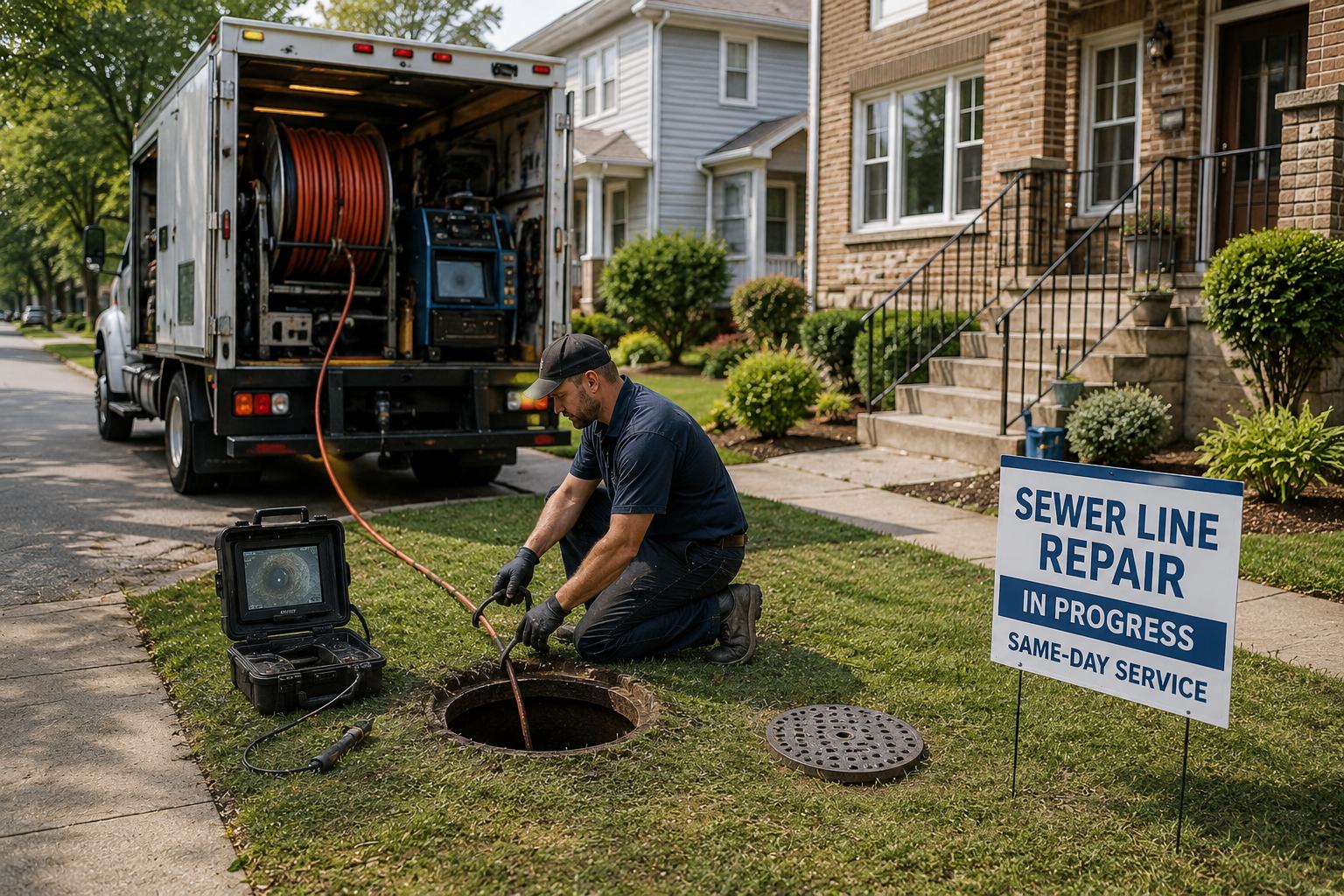 Sewer repair technician performing same-day sewer line service outside a Chicago-area home using specialized equipment and a service truck during an active residential repair.