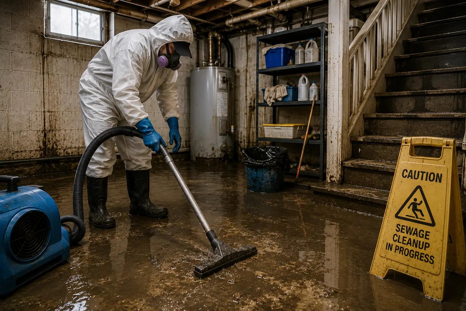 Restoration worker wearing protective equipment performing sewage cleanup in a flooded Chicago basement after a sewer backup, using specialized drying and extraction equipment to remove contaminated water.