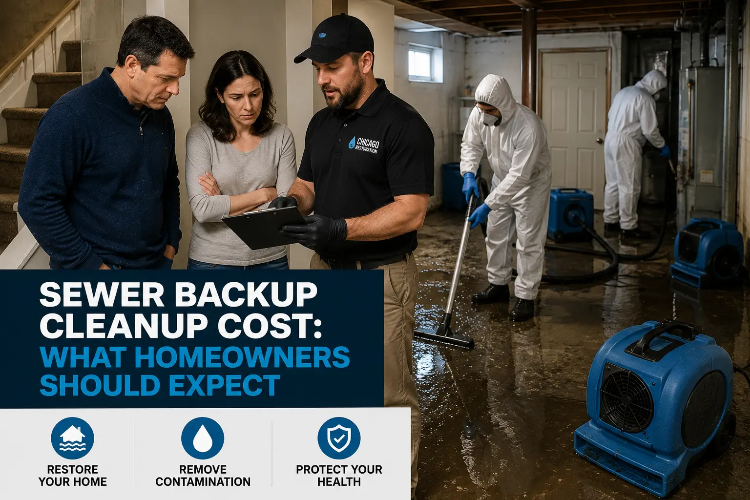 Chicago homeowners reviewing sewer backup cleanup costs with a restoration specialist while cleanup crews remove contaminated water from a flooded basement.
