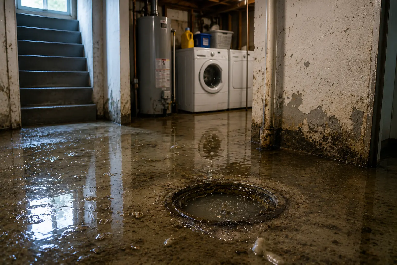 Flooded basement with standing water emerging from a floor drain near laundry equipment, illustrating a common warning sign of a residential sewer backup in a Chicago home.
