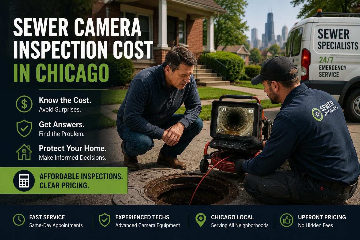 Chicago homeowner watching a sewer technician review camera inspection footage near a residential sewer access point outside a brick home.