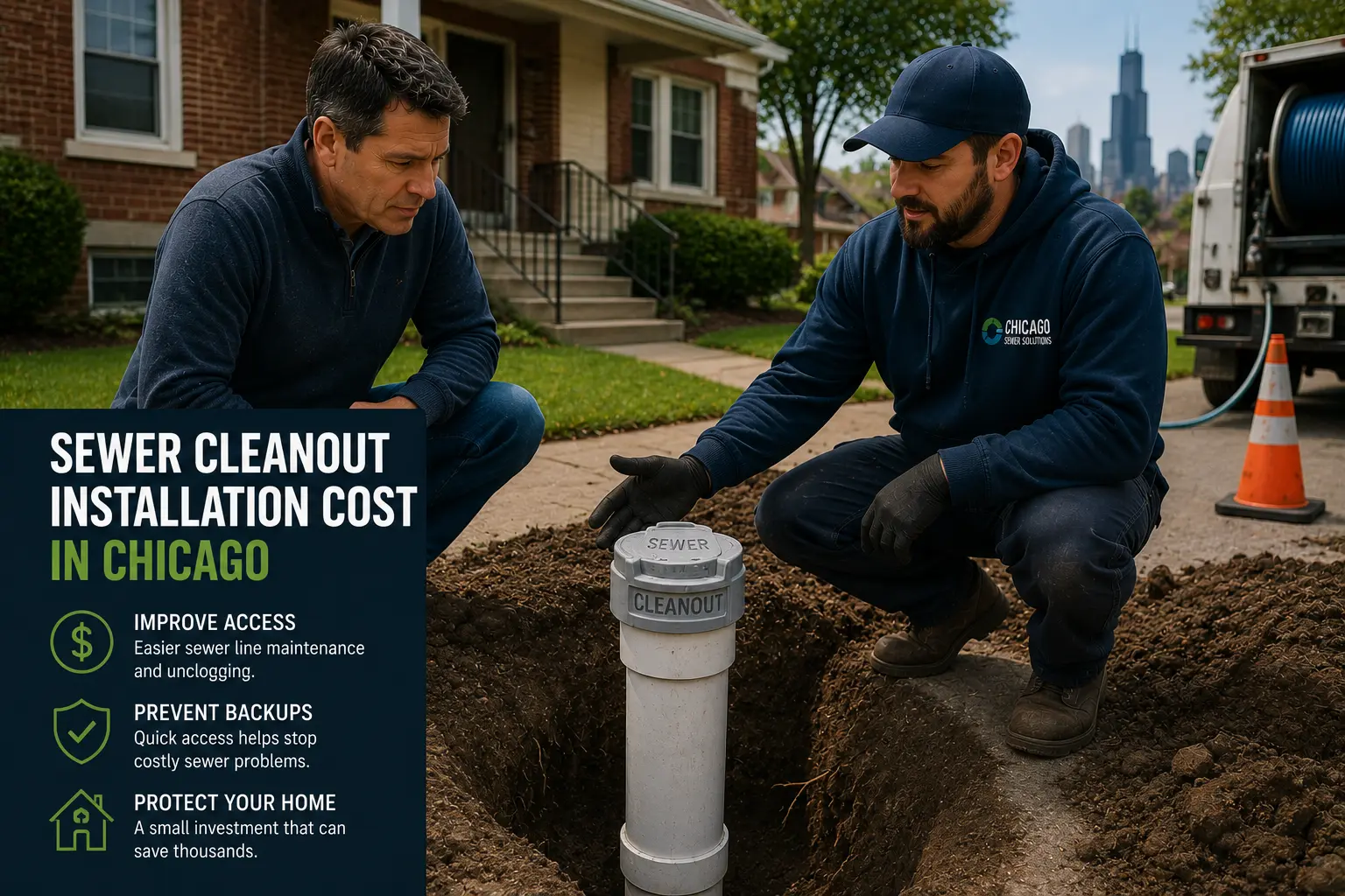 Chicago homeowner discussing sewer cleanout installation costs with a contractor beside a newly installed residential sewer cleanout access point.