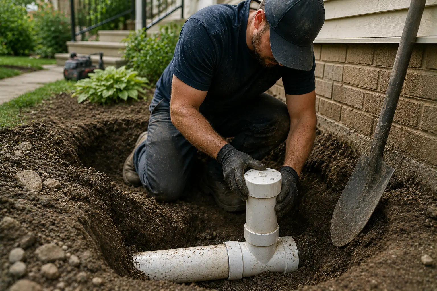 Technician installing a residential sewer cleanout access point beside a home's foundation, connecting a PVC cleanout fitting to an underground sewer line during a sewer system upgrade.