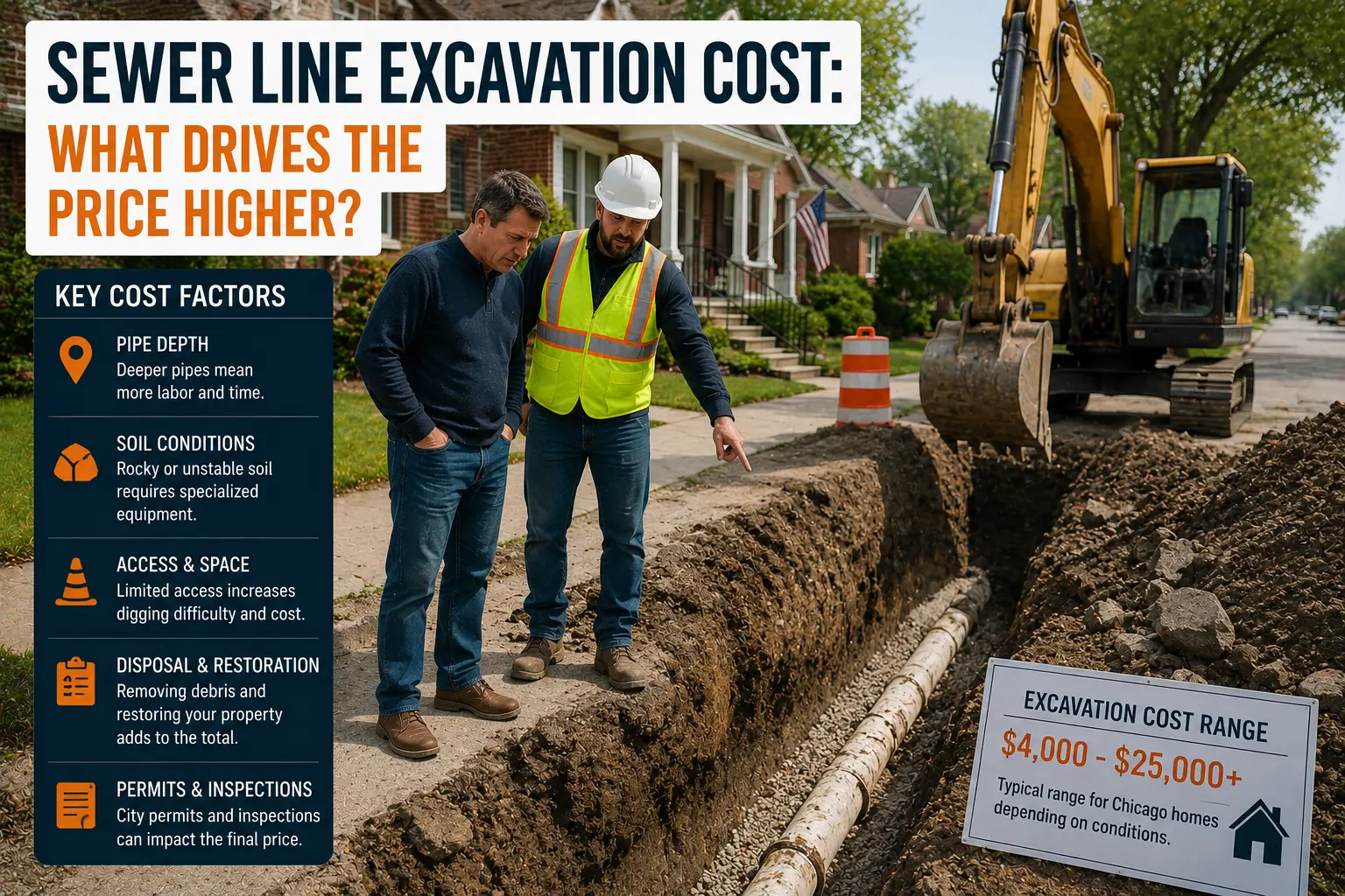 Chicago homeowner discussing sewer line excavation costs with a contractor beside an open trench, exposed sewer pipe, and excavation equipment outside a residential home.