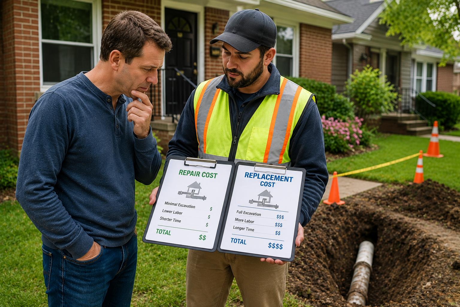 Chicago homeowner comparing sewer line repair and replacement cost estimates with a contractor beside an exposed residential sewer pipe.