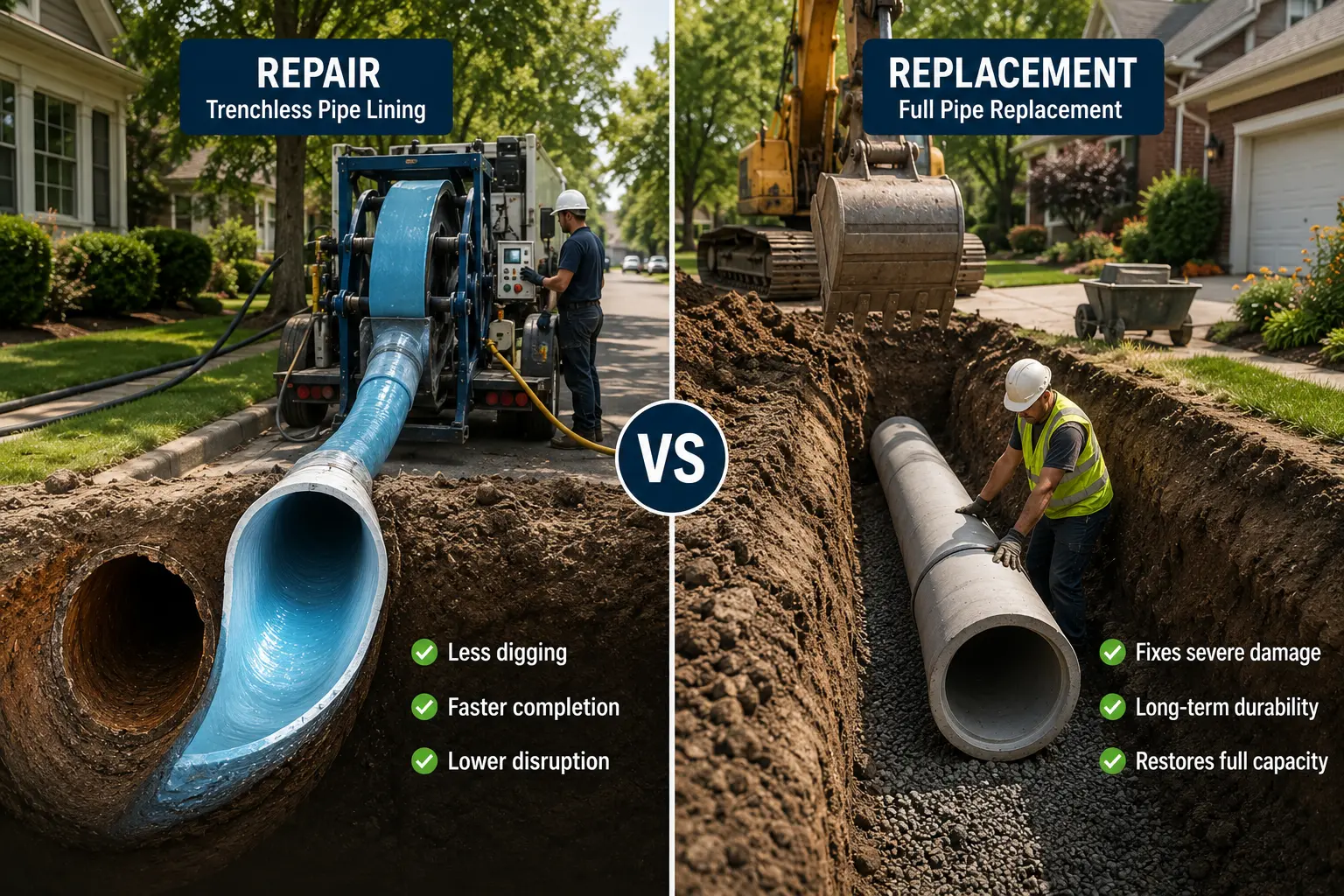 Residential sewer repair and sewer line replacement methods being performed at separate work sites, illustrating the differences between repairing an existing sewer line and installing a new one.