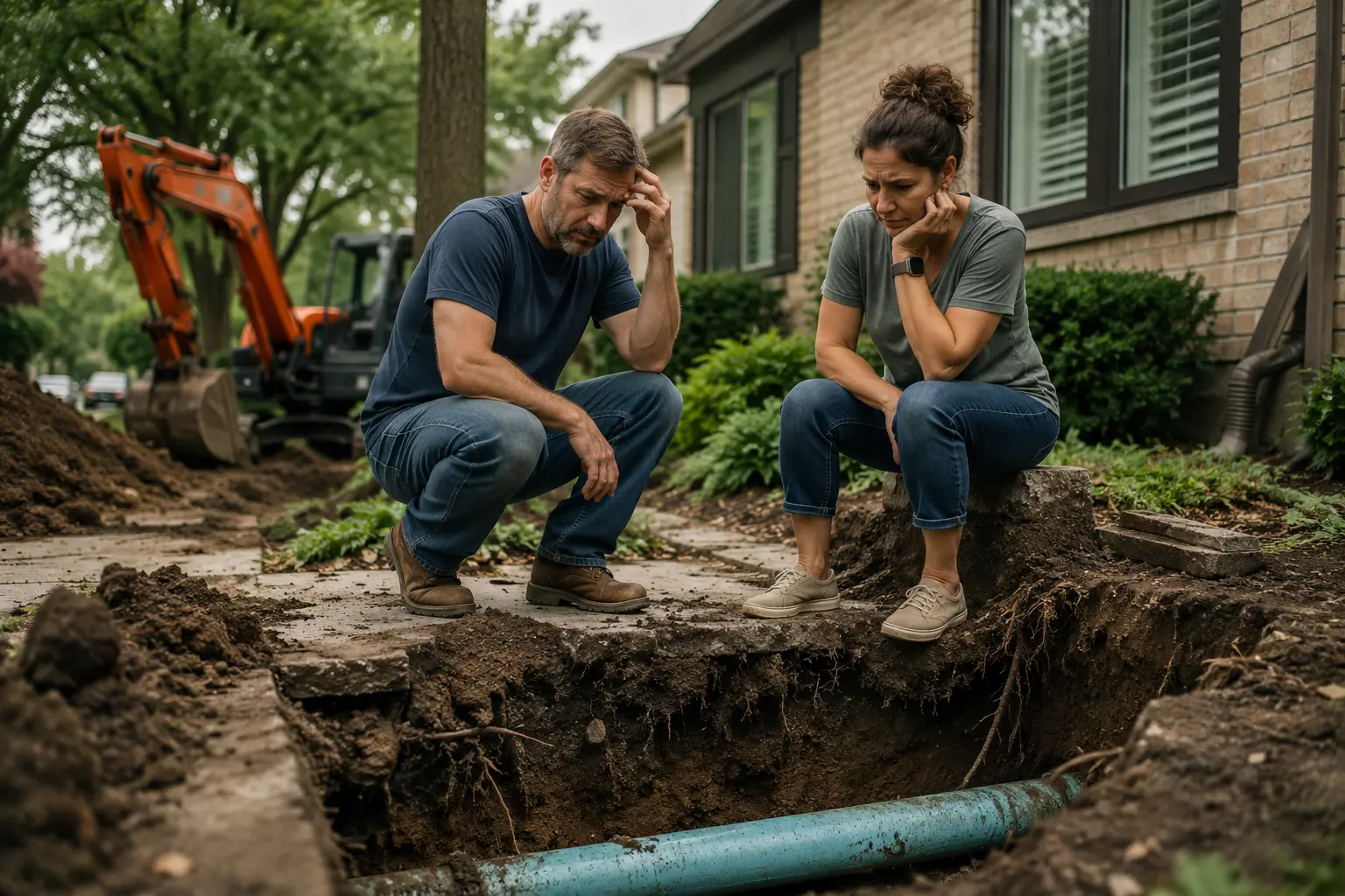 Chicago homeowners looking at an exposed sewer line trench during a residential sewer replacement project in a suburban neighborhood.