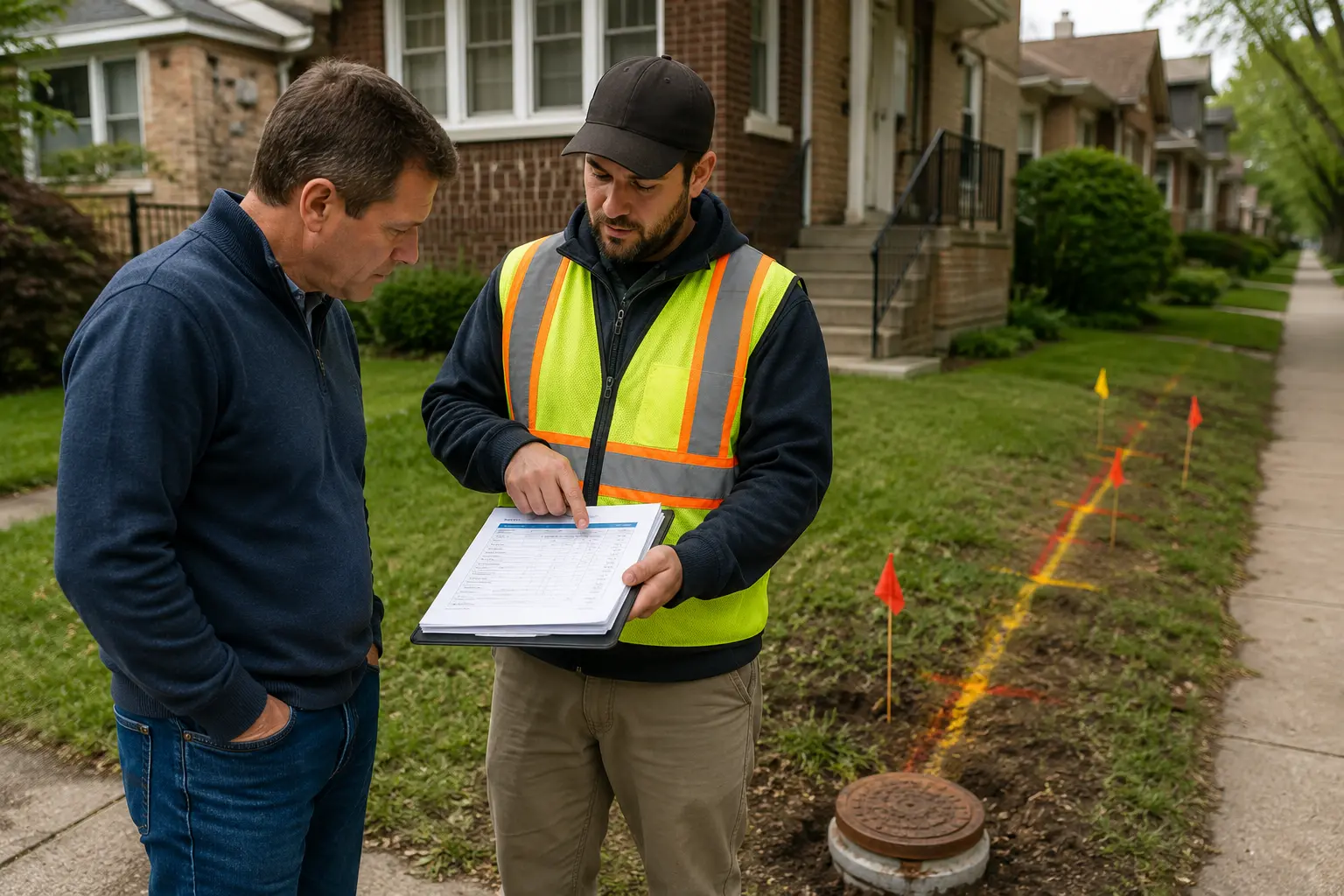 Chicago homeowner reviewing a sewer line replacement estimate with a contractor beside marked utility lines and a residential sewer access point.
