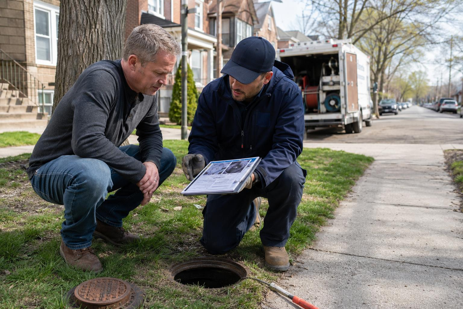 Chicago homeowner reviewing a sewer inspection report and replacement estimate with a sewer technician near a residential cleanout in a Chicago neighborhood.