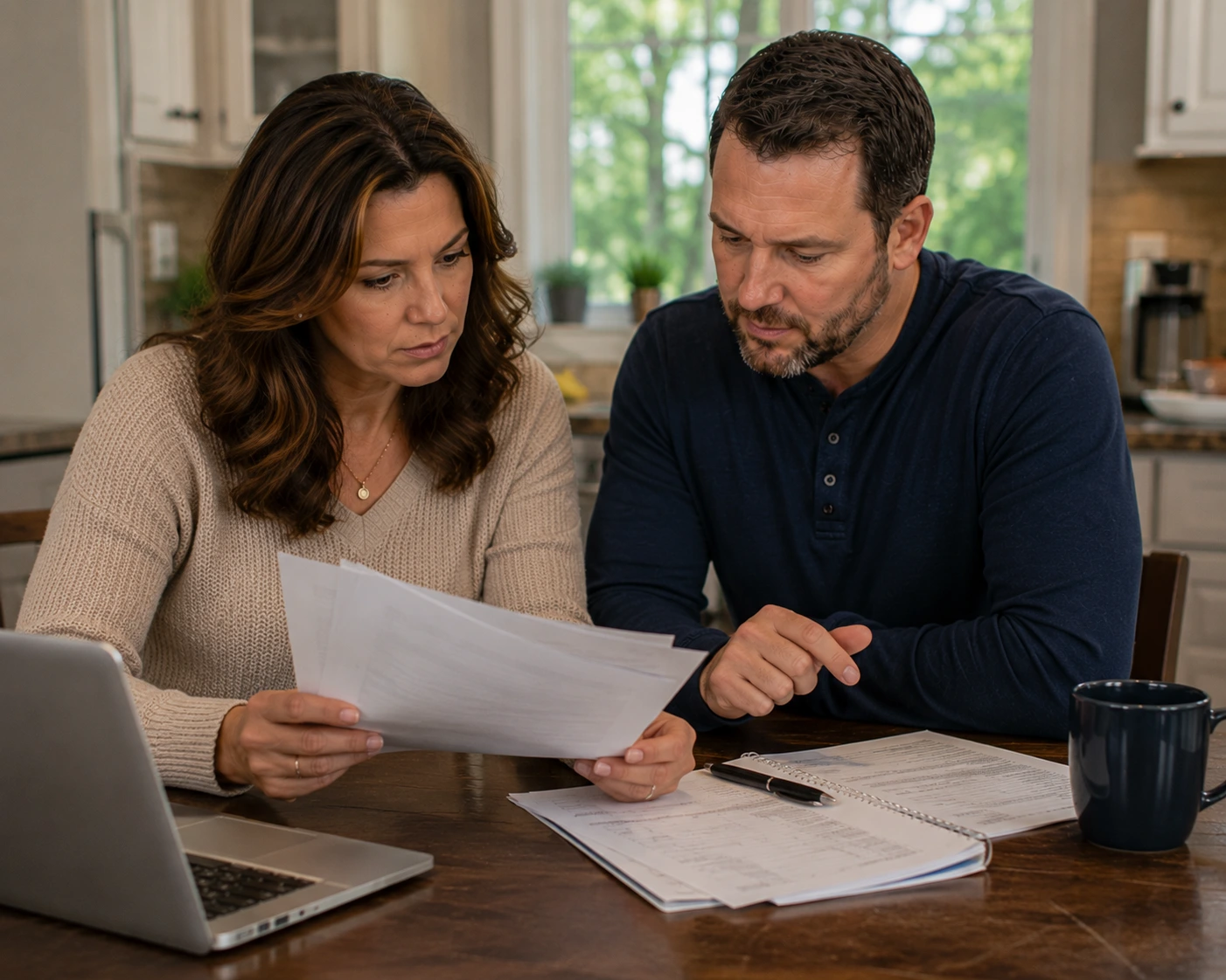 Chicago homeowners reviewing project paperwork and planning documents at a kitchen table while discussing permit requirements, local regulations, and preparation for a sewer repair project.