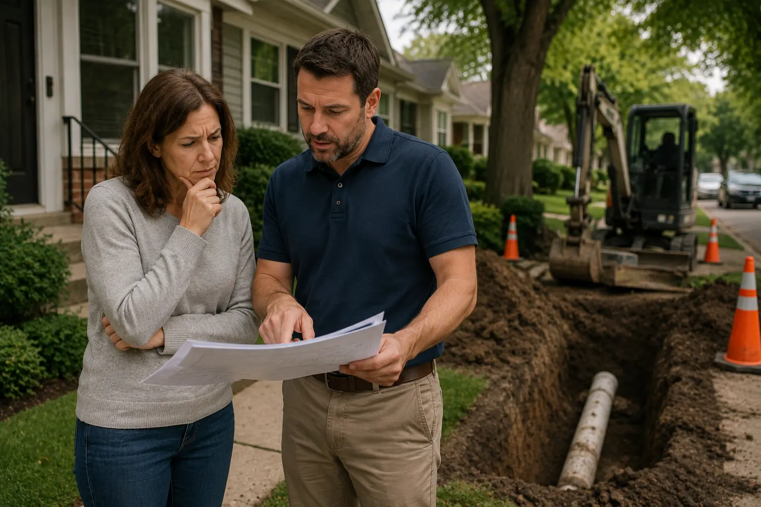Homeowner reviewing sewer replacement plans and permit-related documents with a contractor beside an open sewer trench in a residential neighborhood.