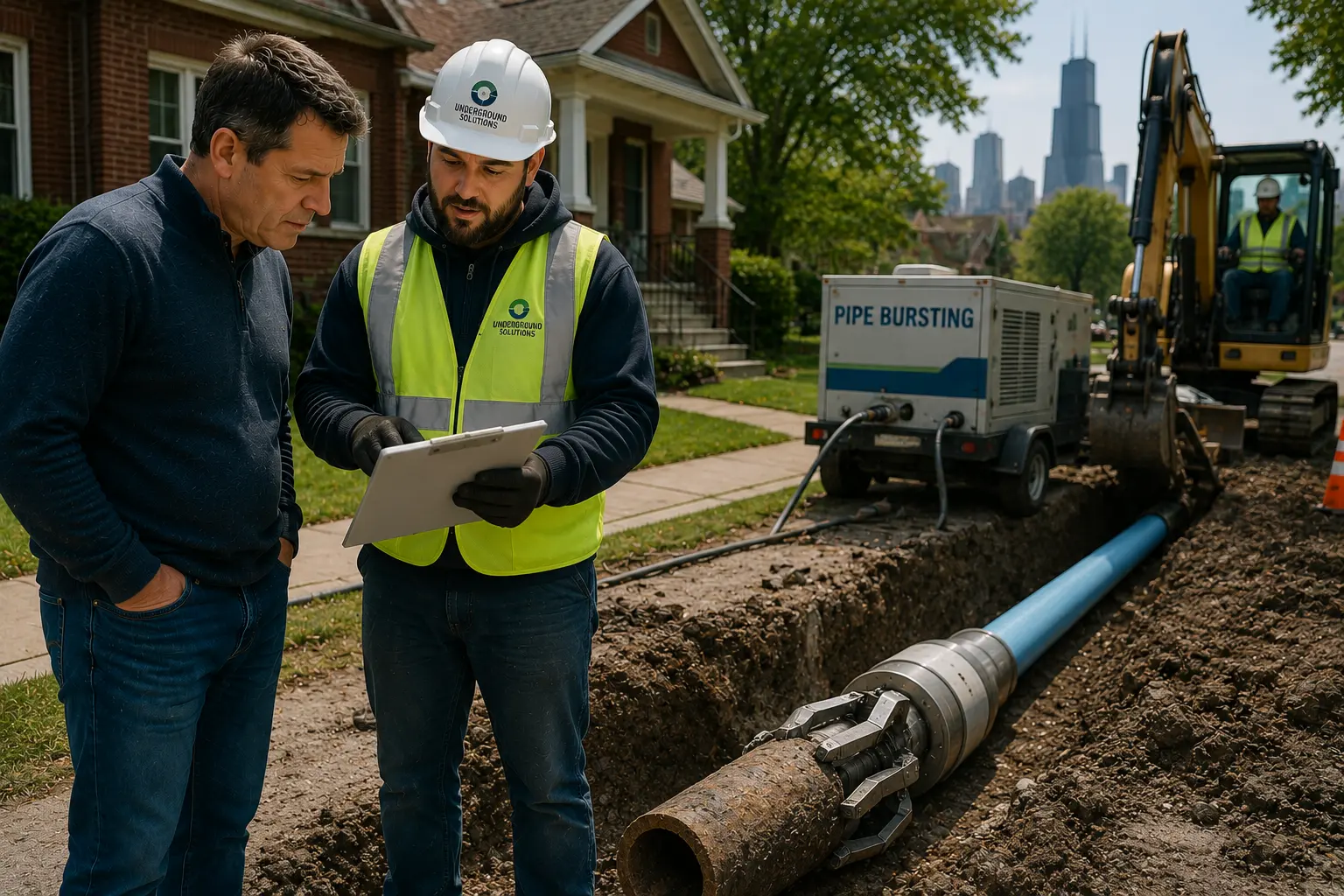 Chicago homeowner reviewing sewer pipe bursting replacement options with a contractor beside pipe bursting equipment and an active trenchless sewer replacement project.