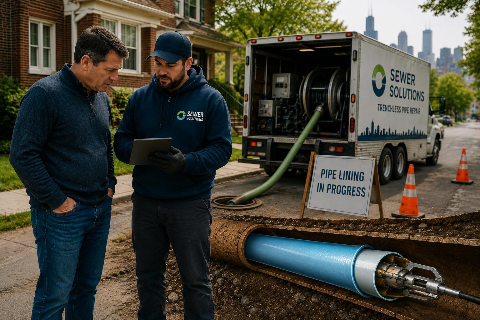 Chicago homeowner reviewing sewer pipe lining options with a contractor beside trenchless repair equipment and a lined sewer pipe demonstration at a residential property.