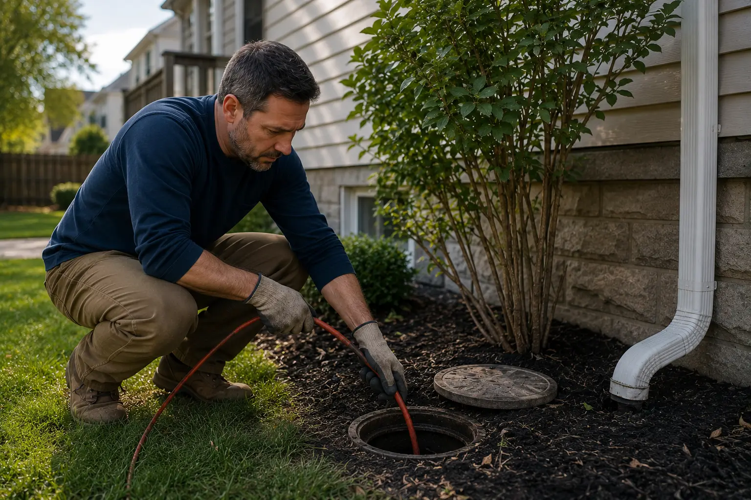 Chicago homeowner performing preventative sewer drain maintenance beside a suburban home to help avoid future sewer line backups and costly repairs